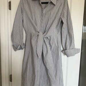 Calvin Klein Gray and White Striped Tie-Waist Shirt Dress